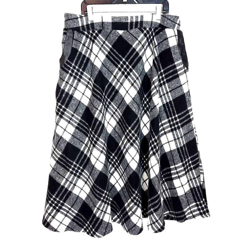 Idealsanxun Wool Plaid Leather Trim Full Midi Skirt Large Black White Lined